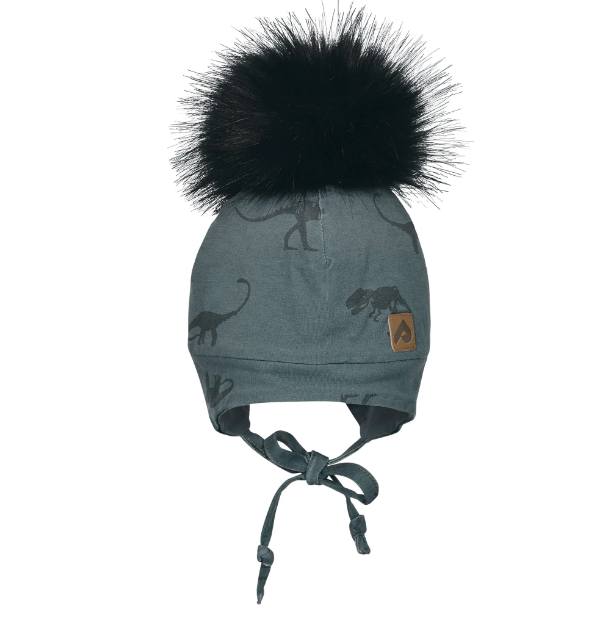 Tuque à oreilles et pompon dinos gris 9-12mois - Perlimpinpin